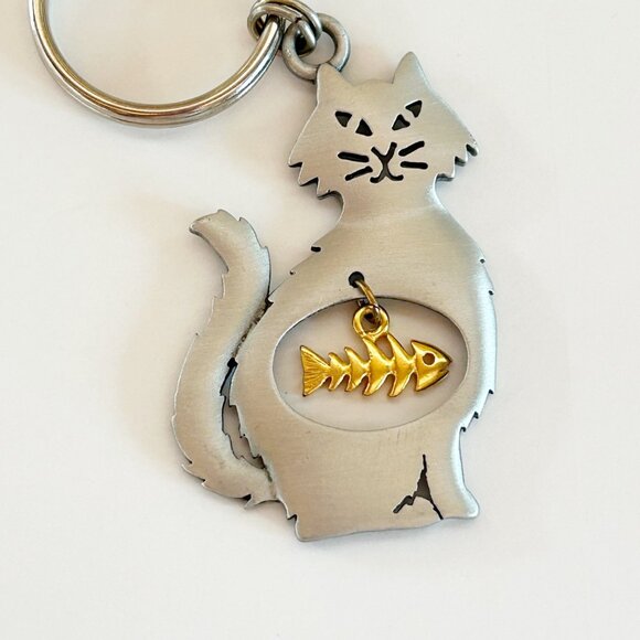 Vintage JJ Jonette Cat Keychain w Gold Fish Charm Silver & Gold Tone - Picture 4 of 6